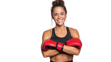 Female boxer with a confident smile, wearing red boxing gloves, ready for the challenge.