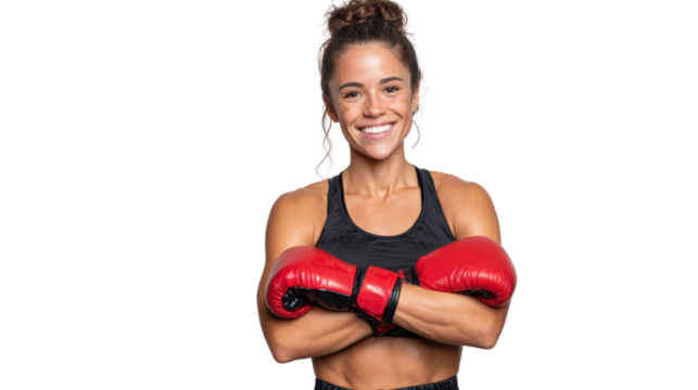 Female boxer with a confident smile, wearing red boxing gloves, ready for the challenge. - Powered by Adobe