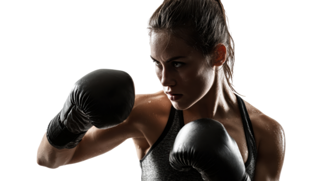Fierce female boxer in action, focused expression, black gloves, studio lighting, isolated background.