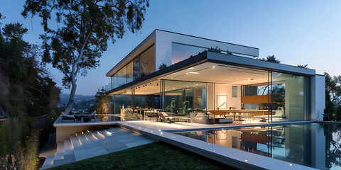 Luxury contemporary glass home with illuminated pool at twilight
