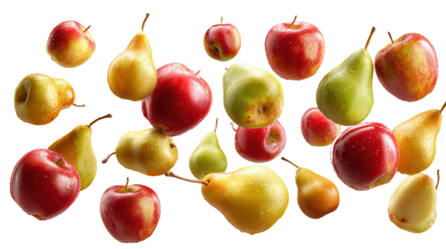 Fresh apples and pears floating in mid-air on white background, vibrant colors and natural shine.