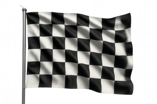 Checkered racing flag fluttering against white background, symbolizing motorsport finish and competitive triumph