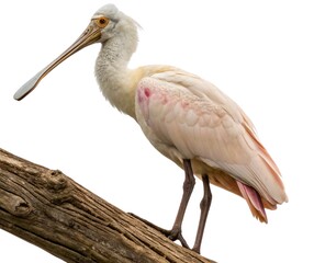 Obraz premium A stunning pink-backed pelican is perched on a branch, its graceful form silhouetted against a clean white background