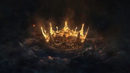 Golden crown in fiery flames on dark rocky ground
