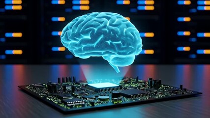 Holographic Brain Above Circuit Board AI and Technology - Powered by Adobe