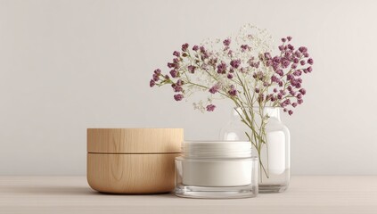 Fototapeta premium Wooden and glass cosmetic containers, adorned with dried flowers