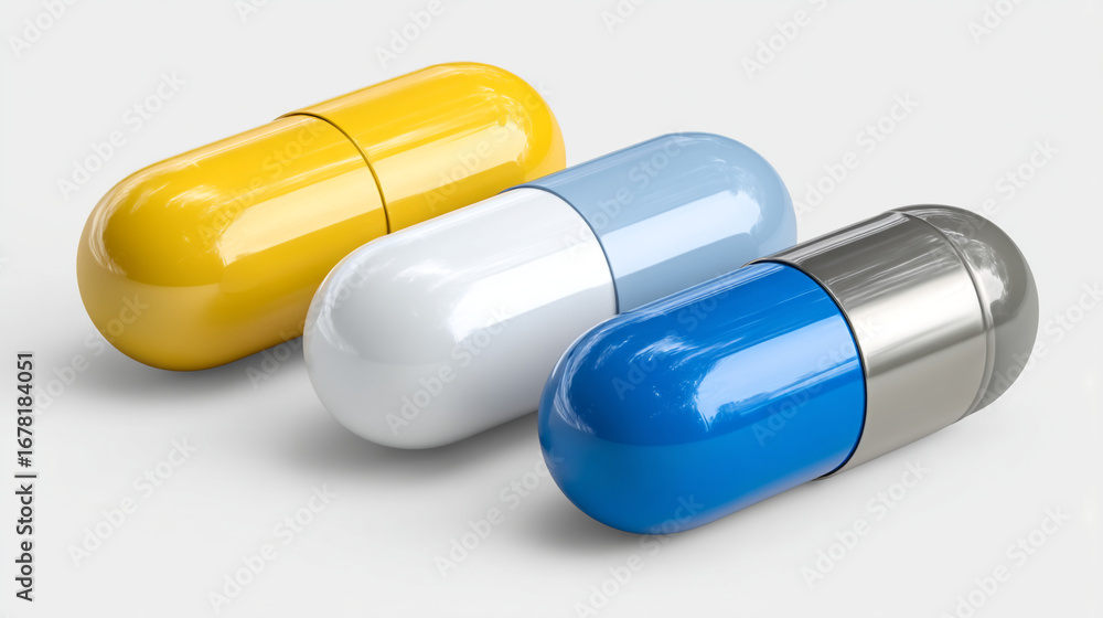Aufkleber close up shot of three colorful capsules in a row on a white surface with soft lighting effects