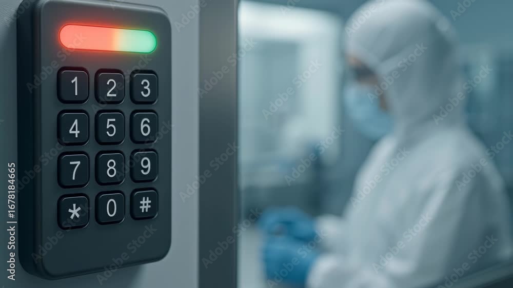 Poster vaccine quality control close up of electronic security panel with numeric keypad, red and green lig