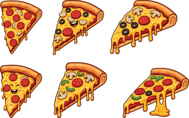 Cartoon Melting Cheese Pizza Slices with Toppings Vector Set for Fast Food Branding, Menu Design, and Culinary Illustration ProjectsCartoon Melting Cheese 