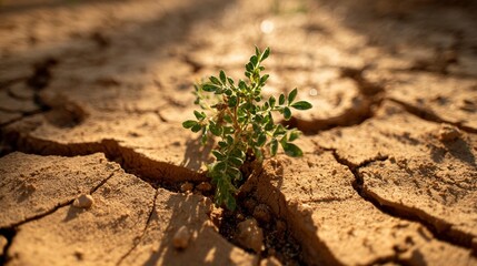 Plant growing in cracked earth
