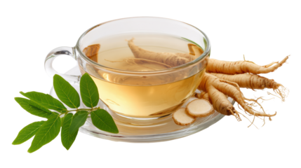 Ginseng tea in a glass cup with fresh ginseng roots and leaves, white isolated background.