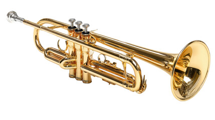 Obraz premium Golden trumpet with polished surface, isolated on white background, showcasing musical instrument craftsmanship.