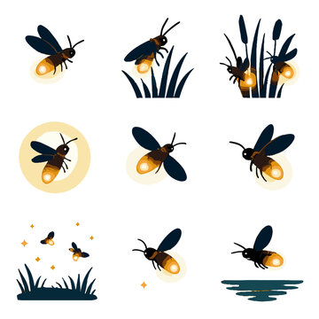 Lake fireflies glowing icon above halo firefly vector glow wings group