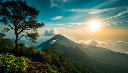 Majestic sunset over a volcanic landscape, viewed from a mountaintop with a solitary tree.