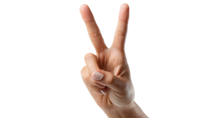 Hand gesture forming a peace sign, white isolate background.