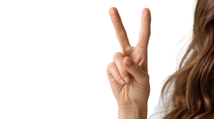 Hand gesture showing peace sign, expressive and positive communication, white isolated background.