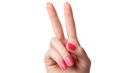 Hand gesture with two fingers up, symbolizing peace or victory, on white isolated background.