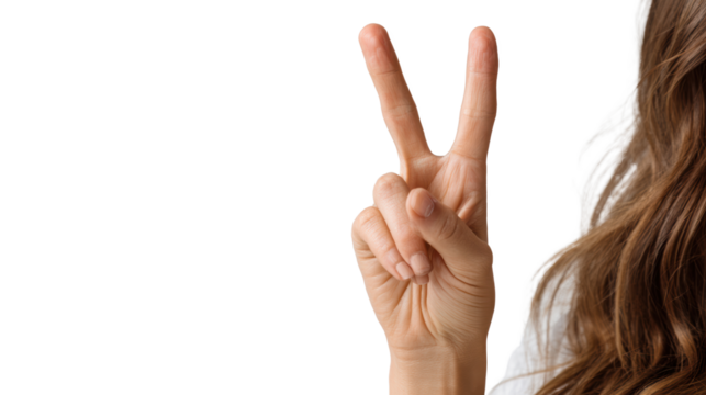 Hand gesture showing peace sign, expressive and positive communication, white isolated background.