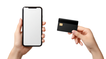 Hand holding smartphone and credit card, white isolate background.