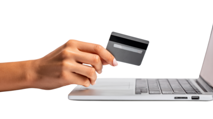 Hand holding credit card over laptop, online shopping concept, white isolated background.