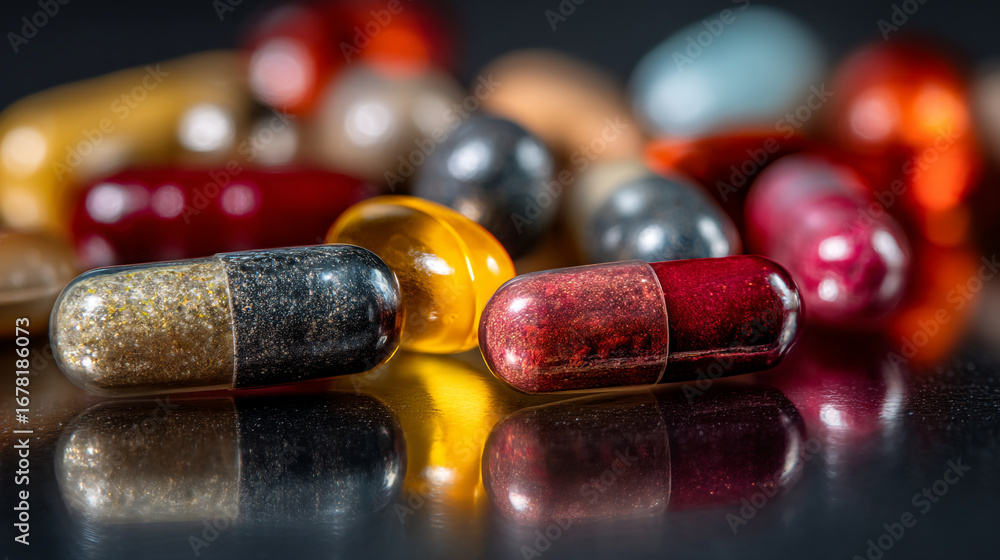 Poster a close up shot of assorted colorful capsules and pills on a reflective dark surface with blurred ba