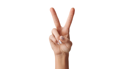 Hand showing peace sign, symbolizing harmony, positivity, and non-violence against a white isolated background.