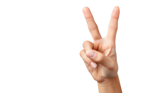 Hand making peace sign on white isolate background.