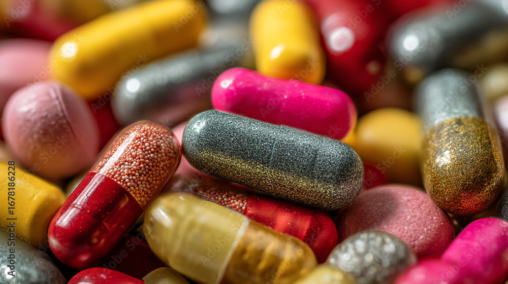 Poster a close up view of assorted colorful pills and capsules scattered together in a random arrangement