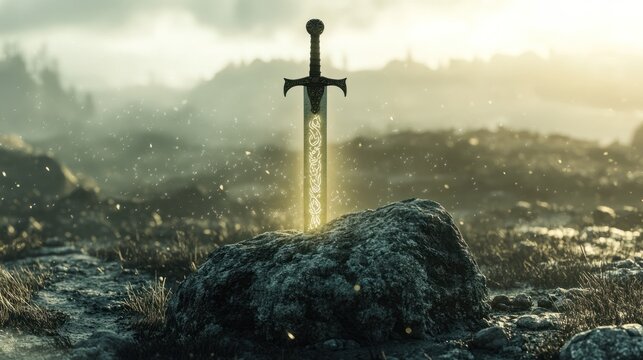 Illuminated blade entrenched in rock a legendary weapon in a mystical realm landscape
