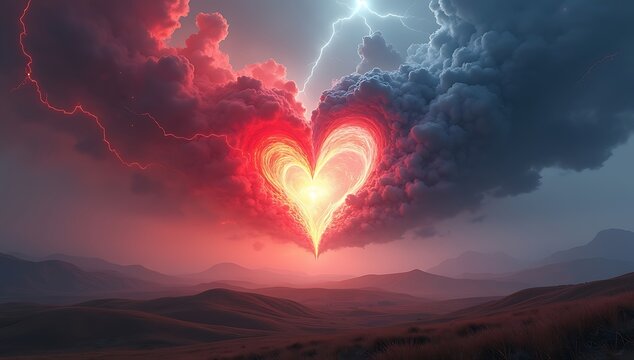An abstract battlefield where love and hate are represented as glowing red and dark stormy energy forces clashing in the middle of a vast landscape.
