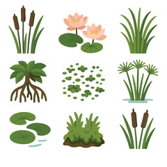 Icons patches icon vegetation blooms swamp grass lily stalks vector duckweed cattail