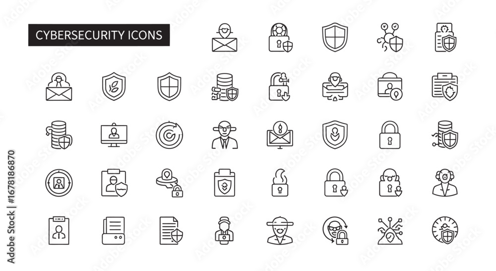 Poster cybersecurity elements showing data protection with various security measures against cyber threats 