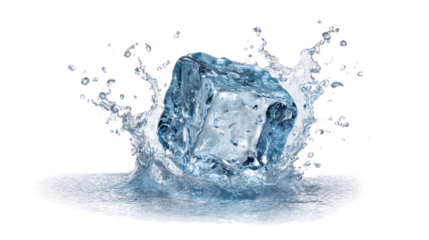 Ice cube splashing into water, creating a refreshing look against a black background.
