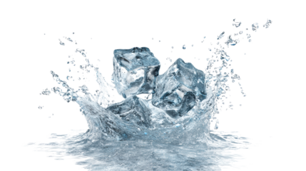 Ice cubes splashing in water, creating ripples and droplets, isolated on a white background.