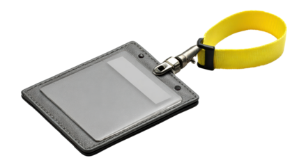 ID badge holder with yellow strap on a white isolated background.