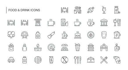 Food and drink line art symbols representing various culinary items and beverages for menus and presentations on a white surface, simple.