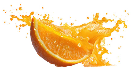 Juicy orange slice with vibrant splash, isolated on white background.