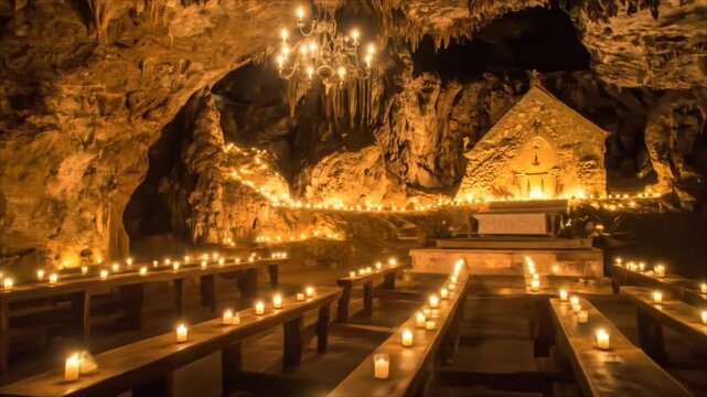 Cave chapel illuminated by candles