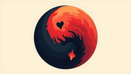 Abstract yin-yang circle with half shaped like a red heart for love and the other half like a jagged black flame for hate, symbolizing balance of emotions.
