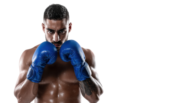 Male boxer ready to fight, wearing blue gloves, strong physique, isolated on white background.