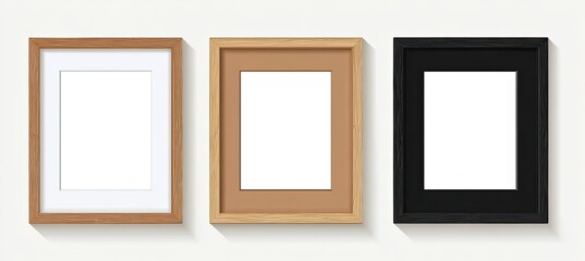 Three wooden picture frames in light brown, beige, and black, displaying a blank white background