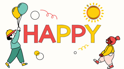 Joyful Children Celebrate Happy: Vibrant Cartoon Style Illustration Featuring Two Kids, Balloons, and a Sunny Day, Perfect for Positive and Upbeat Projects.