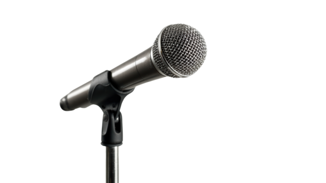 Microphone on a stand, perfect for live performances or recordings, isolated on white background.