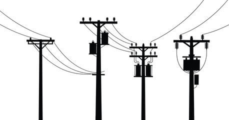 Utility pole configurations electrical distribution, transformer equipment power lines, energy infrastructure network concept, electricity supply system design, flat vector illustration