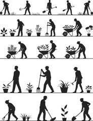 Gardening activity silhouettes people working, planting watering digging carrying plants, garden tools wheelbarrow shovel pitchfork, horticulture maintenance concept, flat vector illustration
