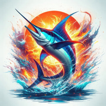 Flaming Atlantic blue marlin jumps with intense fire burst and splashes on white canvas. Suited for sport fishing gear, tees, souvenirs, showcasing bold marine adventure