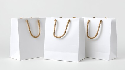 Three plain white paper shopping bags with beige rope handles