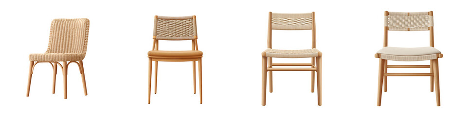 Fototapeta premium Rattan Dining Chairs Collection on White. Modern Wood and Wicker Seating.