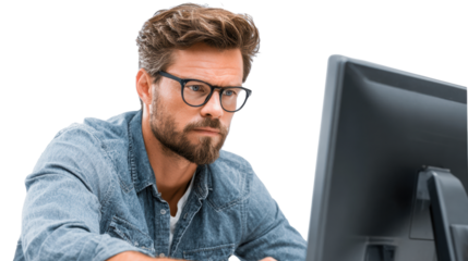 Professional man working on a computer, focused expression, casual attire, white isolated background