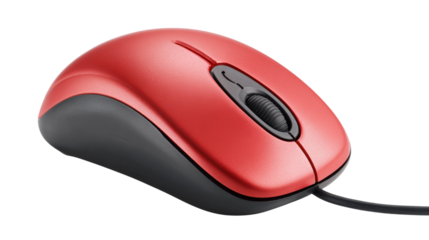 Red computer mouse on white background, showcasing sleek design and functionality.